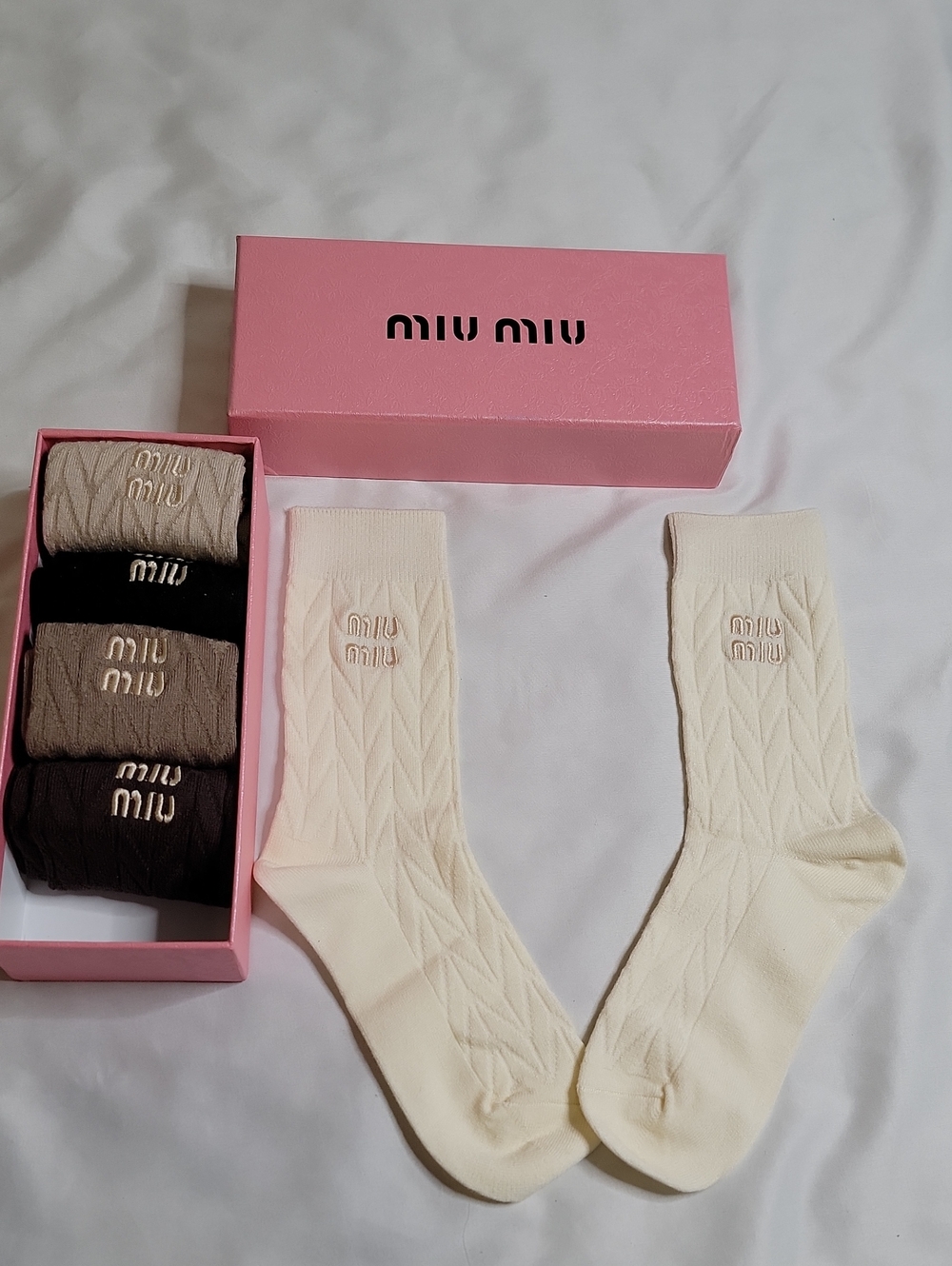 Miu Miu Cream Cable‑Knit Logo Crew Socks — Pack of Mixed Neutrals
